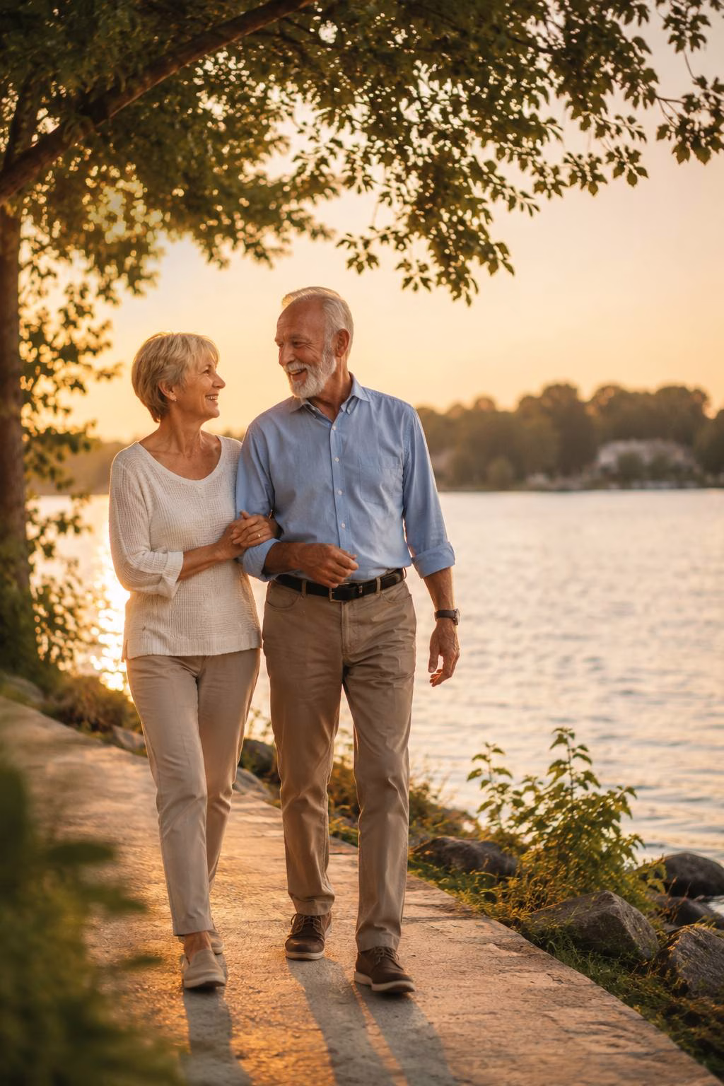 Senior couple strolling the waterfront at sunset with Medigap coverage in Tampa