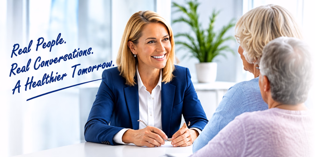 Agent meeting senior clients about Medicare Advantage in Sarasota, with the text Real People. Real Conversations. A Healthier Tomorrow.