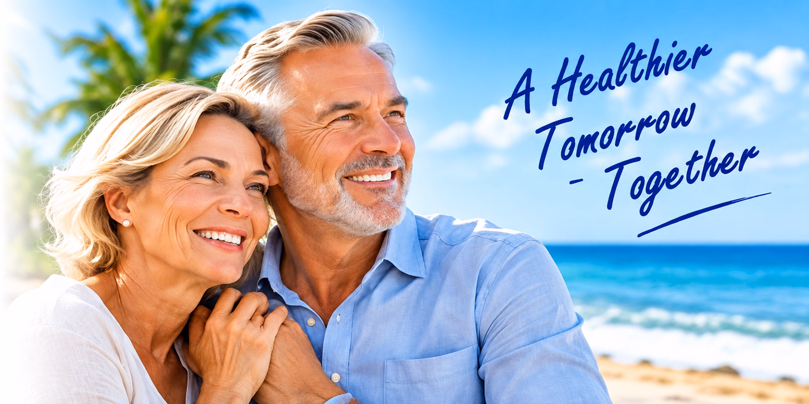 A Healthier Tomorrow Together banner with a smiling couple on the beach, Florida Blue insurance in Tampa