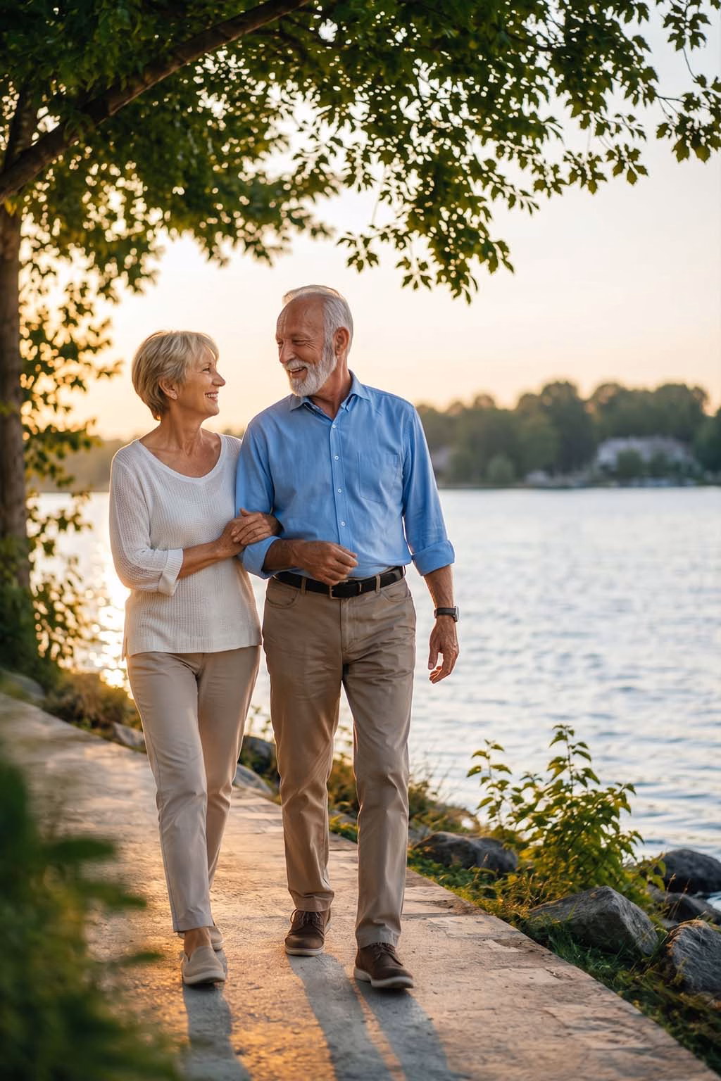 Retired couple on a waterfront walk in Sarasota with Medigap coverage
